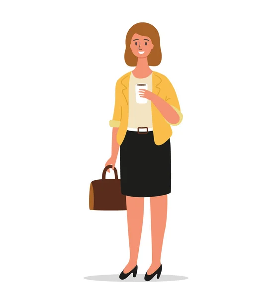 A mulher de negócios está de pé com uma pasta na mão. Trabalho de escritório ou design de personagem empreendedor mantém o café na mão, isolado em fundo branco, ilustração de desenho animado vetorial — Vetor de Stock