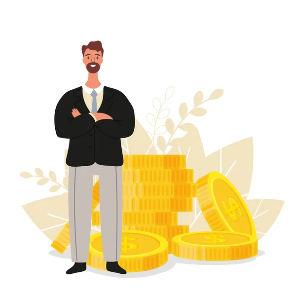 Financial advisor. Businessman is standing near coins, business finance concept, flat vector illustration — Stock Vector