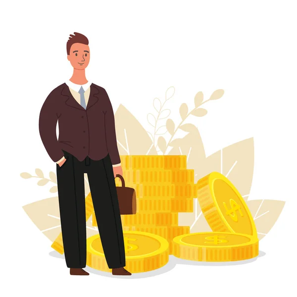 Финансовый советник. Бизнесмен стоит рядом с монетами, концепция финансирования бизнеса, плоская векторная иллюстрация — стоковый вектор