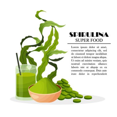 Beyaz arka plan, vektör illüstrasyon izole yosun yosun yosun yosun yosun yosun ile yosun toz tablet ile Spirulina poster. Sağlıklı gıda.