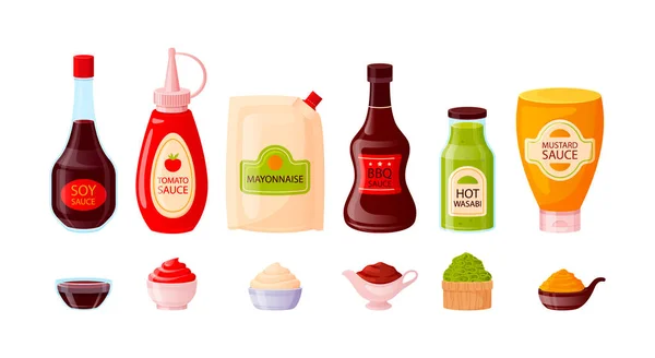 Molho conjunto com ketchup, soja, maionese, mostarda, churrasco, wasabi em tigelas. Molho garrafas de vidro, plástico, madeira isolada sobre fundo branco. Modelo de embalagem de alimentos rápidos, ilustração vetorial . —  Vetores de Stock