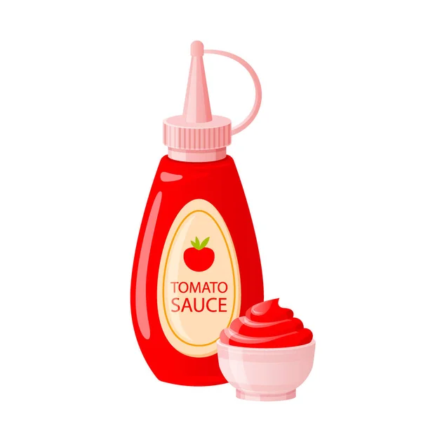 Ketchup-Sauce in Flasche mit Becher vorhanden. Tomatenscharfe oder süße Sauce im Cartoon-Stil. Verpackungsschablone für Fast Food auf weißem Hintergrund, Vektorillustration. — Stockvektor
