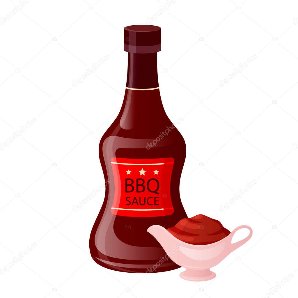 Barbecue sauce in bottle with bowl cup. Bbq condiment in sauceboat in cartoon style. Fast food packaging template isolated on white background, vector illustration.
