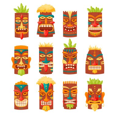 Tiki maskeli kabile seti. Beyaz arka planda izole edilmiş Hawaii totemi ya da Afrika Maya Aztek ahşap putu. Etnik ritüel kafaları, polinezya heykeli koleksiyonu, çizgi film tarzı vektör