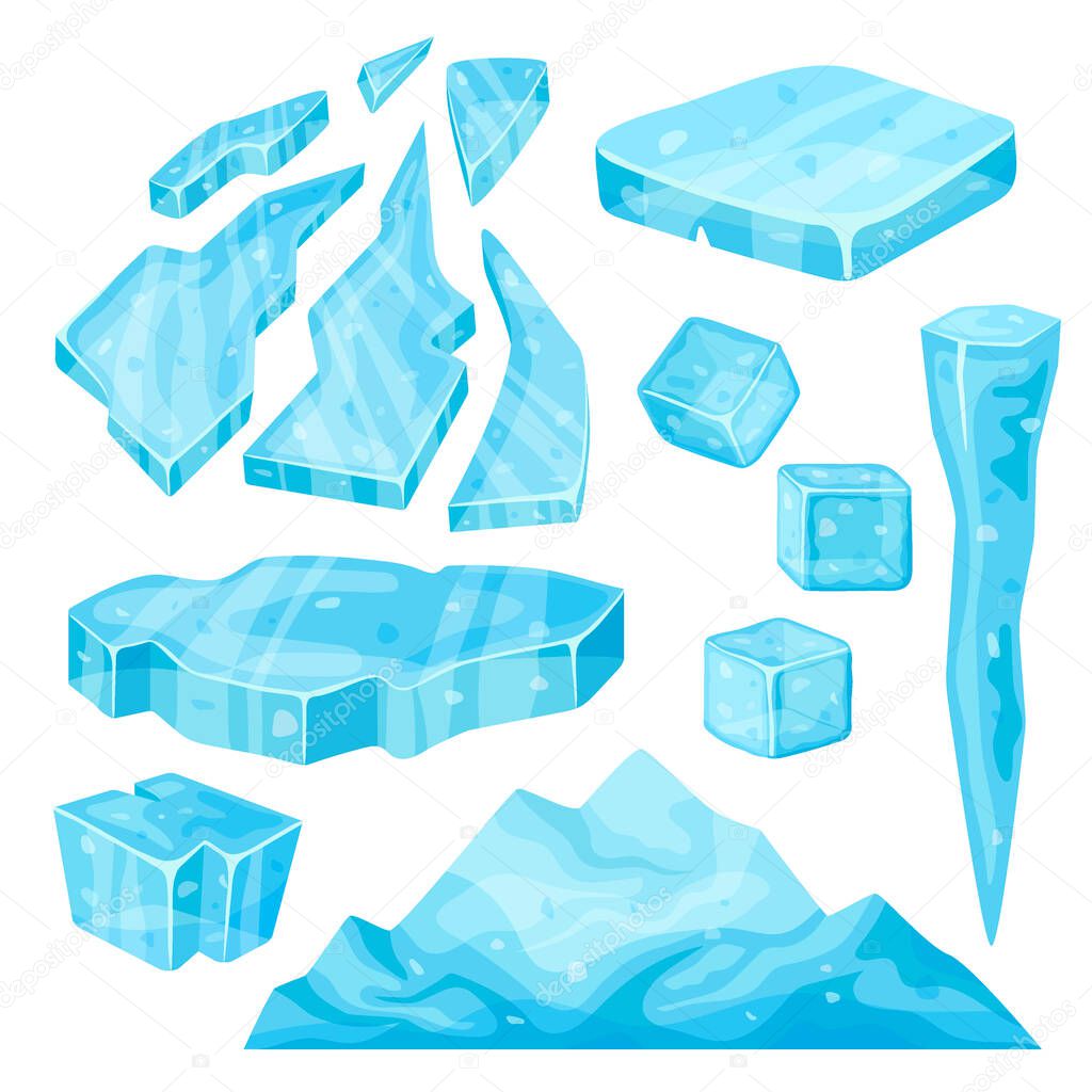 Iceberg, icicle, ice cube and broken pieces. Cold frozen blocks set, arctic snowy objects on white background, icy cliff and ice floe in cartoon style
