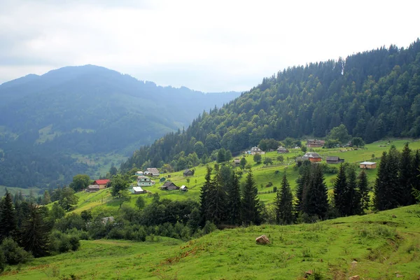 Karpatlar güzel manzaraya köyü hillside ve mesafe dağlarda manzaralı.