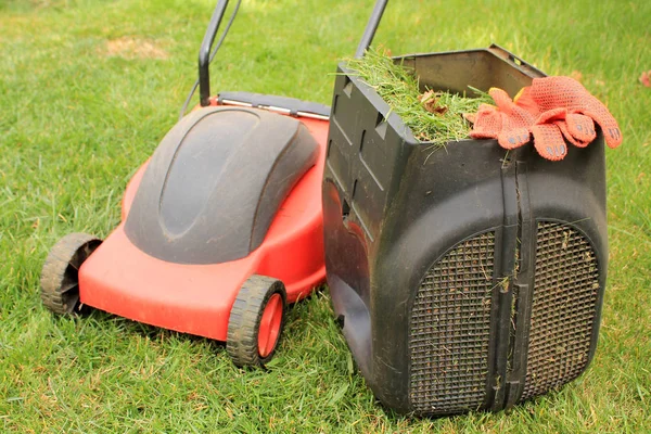 Op het gras is er een elektrische grasmaaier en handschoenen. — Stockfoto