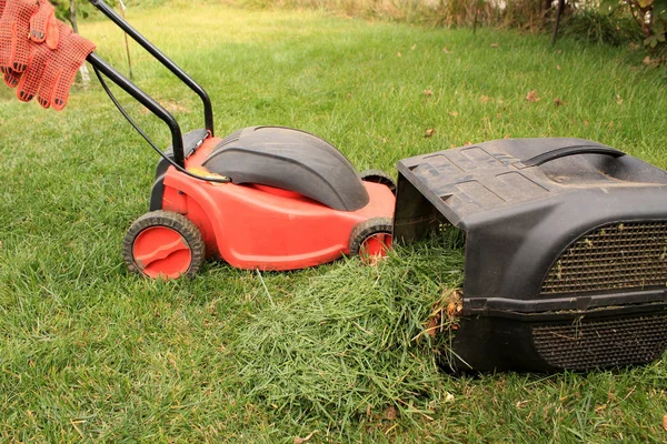Auf dem Rasen stehen ein elektrischer Rasenmäher und Handschuhe. — Stockfoto
