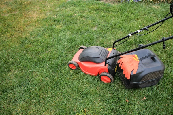 Een elektrische grasmaaier met een grasbox en handschoenen is op de gra — Stockfoto