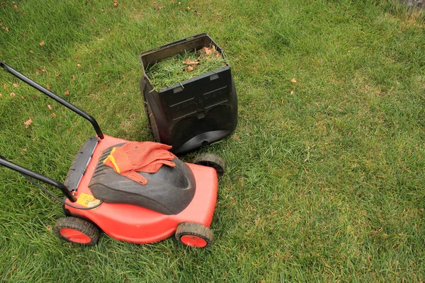 Elektrická sekačka na trávu s krabicí a rukavicemi je na trávě. — Stock fotografie