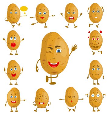 Karakter karikatür patates. Vektör sebze ile yüz ve eller farklı yüz ifadeleri ile. Duygular bir dizi şahsiyet.