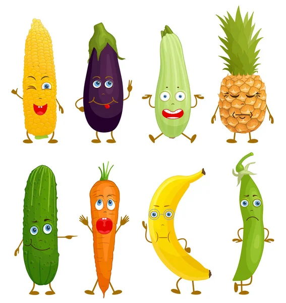 Caracteres Frutas Verduras Oblongas Comida Vectorial Con Ojos Boca Manos — Vector de stock