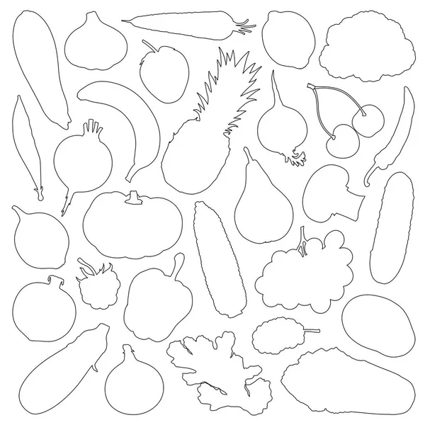 Doğrusal sebze ve meyve kümesi. Vektör yiyecek bir anahat tarzı. Boyama kitabı için şablon