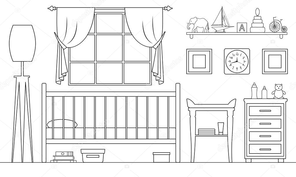 Children's room in the outline style. Vector illustration. Plan of furniture arrangement. Side view. Linear interior.