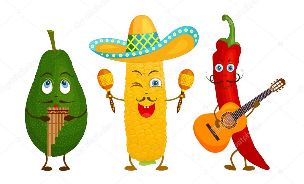 Characters of traditional Mexican cuisine who play national musical instruments. Vector corn, avocado and chili peppers in the form of maryacho. Cartoon style.