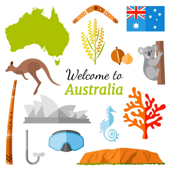 オーストラリア旅行バナー アイコン お土産 デザイン要素 有名なオーストラリアのシンボル ベクトルの碑文とフラット スタイルでイラスト オーストラリアへようこそ — ストックベクタ