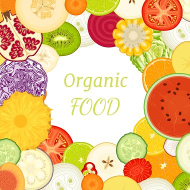 Çerçeve dilimlenmiş sebze ve meyve. Vektör çizim. Sınır şablon yapılmış yuvarlak dilimler gıda