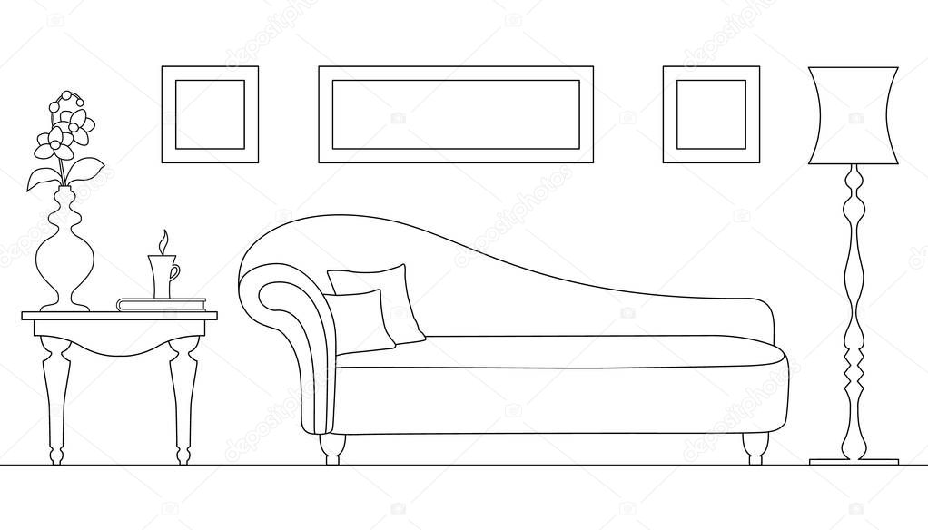 Vector linear interior with an ottoman. Rest zone. Plan the room with thin lines. Outline style.