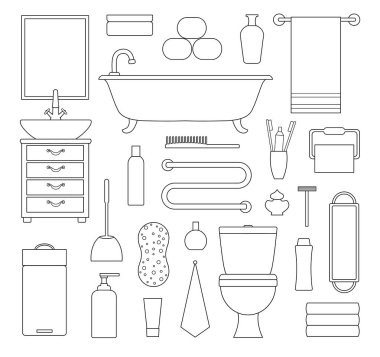 Anahat stili banyo simgeler. Vektör Lineer tuvalet malzemeleri ve ekipmanları.