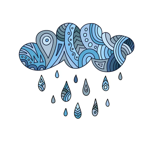 Nube Pintada Mano Vectorial Con Gotas Nube Lluvia Dibujos Animados — Vector de stock