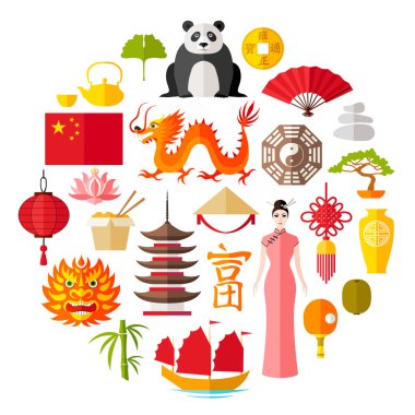 Çin semboller. Vektör geleneksel Çin Hediyelik eşya, aksesuarları ve öznitelikleri. Turizm konulu simgeler kümesi.