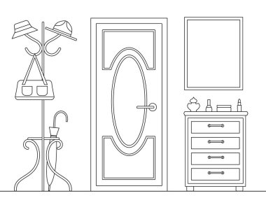Koridordaki lineer tarzda iç tasarım. Vektör anahat hol. Giriş alan tarama.