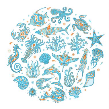 Hayvanlar deniz derinlikleri vektör. Sualtı sakinleri çizilmiş kümesi. Deniz konulu doodle simgeler kümesi. Hayat okyanusun.