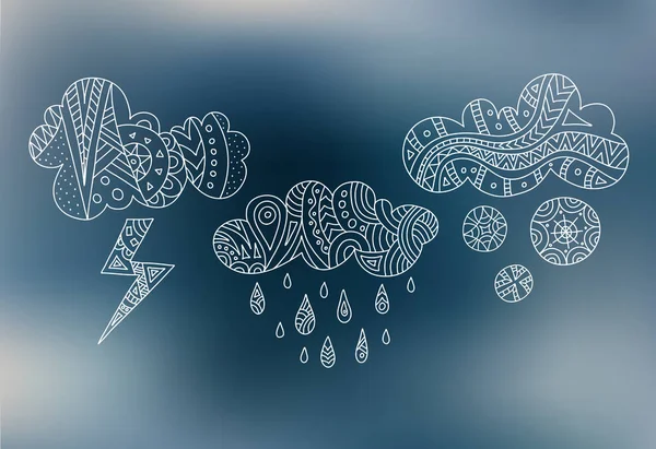 Nubes de garabatos vectoriales. Símbolos del mal tiempo. Lluvia, nieve, relámpagos . — Vector de stock