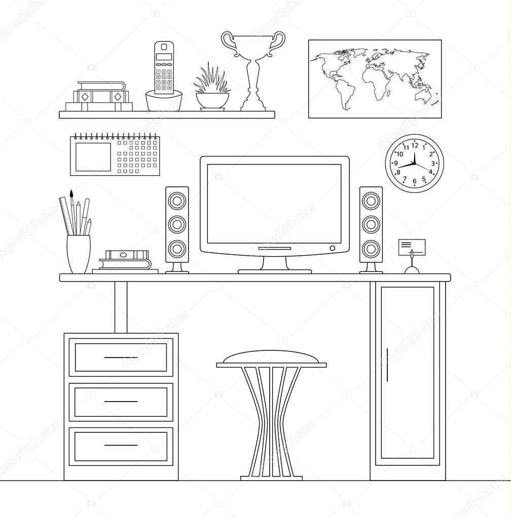 The interior of the office is in an outline style. Vector.