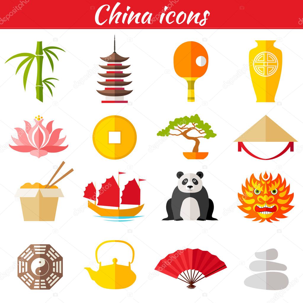 A set of icons on the theme of traveling to China. Vector illustration. Traditional symbols of China.