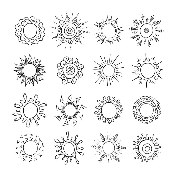 在白色背景上的涂鸦太阳的集合 不同形状的素描和设计的太阳手绘 向量例证 — 图库矢量图片