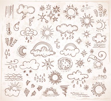 Doodle hava simgeler. Vektör çizim. Hava çizilmiş sembolleri. Vintage grunge arka plan üzerinde tasarım öğeleri kümesi.