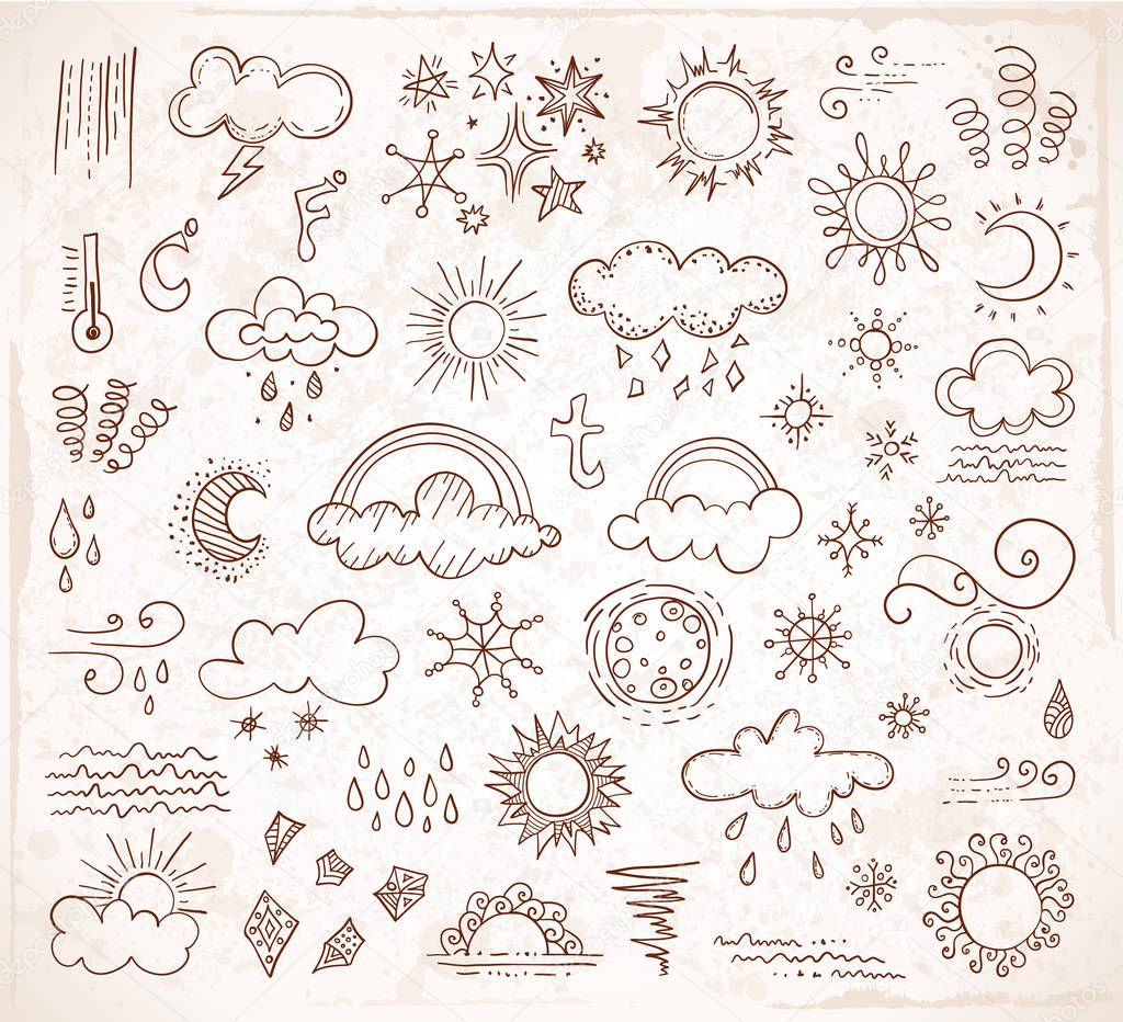 Doodle weather icons. Vector illustration. Hand-drawn symbols of weather. Set of design elements on vintage grunge background.
