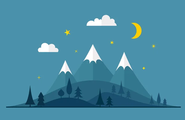 Nachtlandschaft Flachen Stil Szene Mit Bergen Von Hügeln Und Wald — Stockvektor