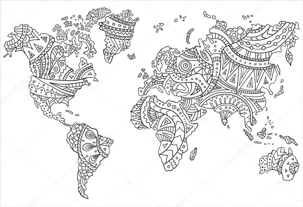 Ethnic pattern on the world map. Vector doodle continents drawn by hand. Template for coloring the page.