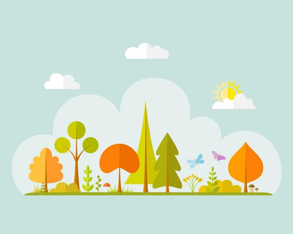 Forêt Automne Paysage Vectoriel Coloré Avec Arbres Buissons Herbes Panorama — Image vectorielle