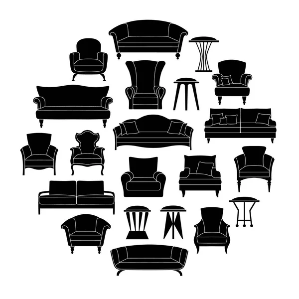 不同的家具的剪影为坐 黑白矢量模具 白色背景上的沙发 扶手椅 椅子和凳子 — 图库矢量图片