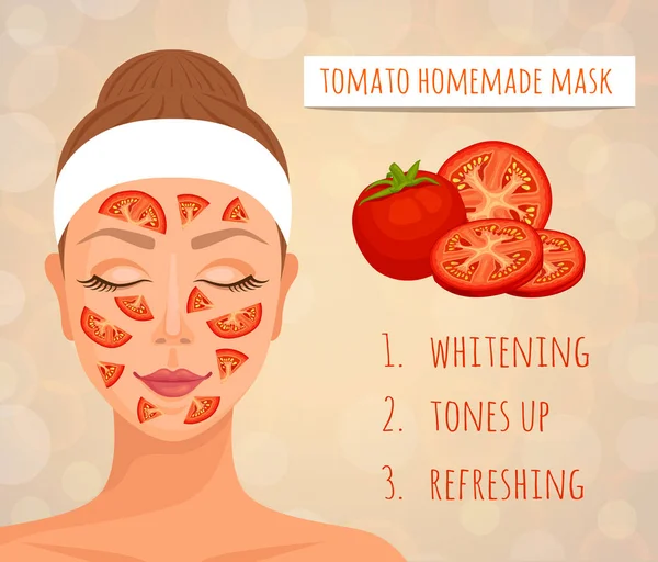 顔と皮膚への影響のためのトマトマスク新鮮なトマトのマスクを持つ女性の顔 ベクトル 自宅の自然化粧品 — ストックベクタ