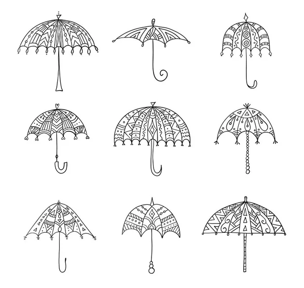 Σετ Χειροποίητης Και Ζωγραφισμένα Ομπρέλες Από Διάφορα Σχήματα Και Σχέδια — Διανυσματικό Αρχείο