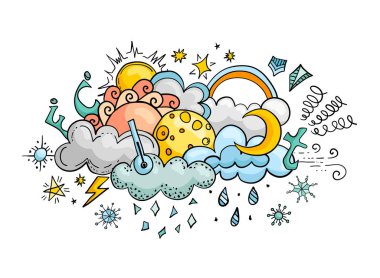 Hava karikatür vektör çizim doodle. Çizilmiş renkli tasarım öğeleri. İklim konulu afiş.
