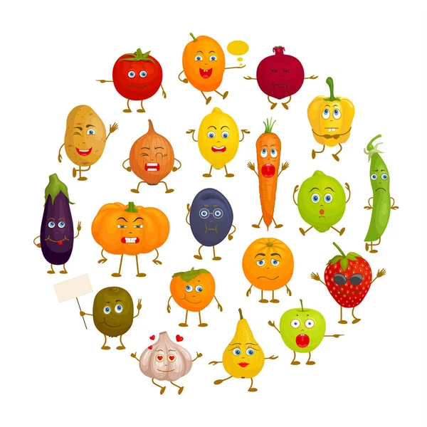 Karakterek Zöldségek Gyümölcsök Vektoros Illusztráció Rajzfilmes Stílusban Különböző Érzelmek Jelent — Stock Vector