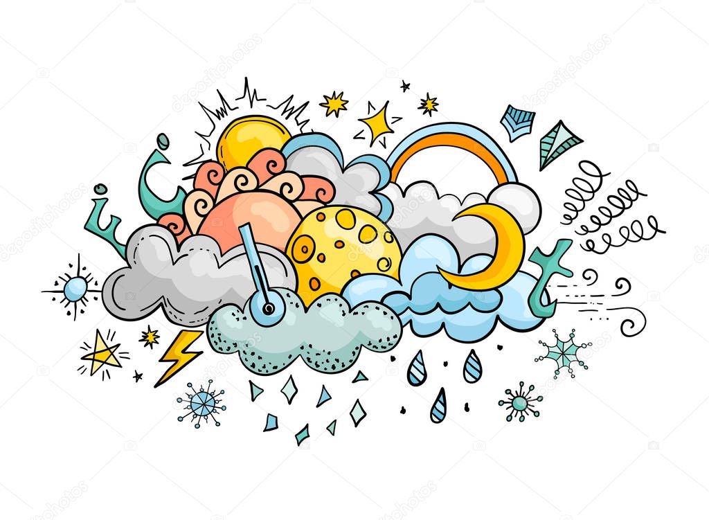 Weather cartoon vector doodle illustration. Hand-drawn colorful design elements. Banner on the theme of climate.