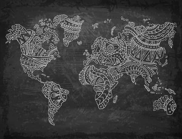Doodle Wereldkaart Een Schoolbord Achtergrond Handgetekende Continenten Vectorillustratie Etnische Patronen — Stockvector