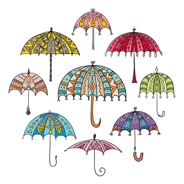 Banner Mit Farbig Gemusterten Regenschirmen Set Von Vektor Doodle Schirmen — Stockvektor
