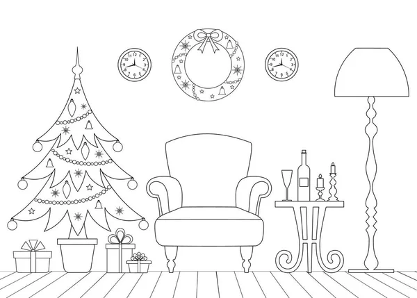 横幅与圣诞节互联网 黑色和白色线性样式例证 着色页的矢量模板 — 图库矢量图片