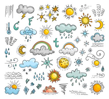 Hava çizilmiş simgeler renk. Beyaz arka plan üzerinde doodle öğeleri kümesi. Vektör çizim.