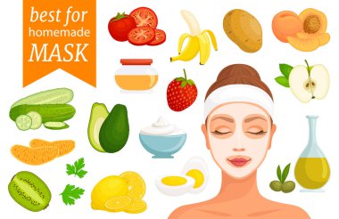 Ev yapımı maske için en iyi ürünleri ayarlayın. Doğal cilt bakım malzemeleri. Vektör çizim.