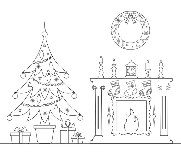 Carte Linéaire Noël Avec Arbre Noël Cheminée Intérieur Décoré Avec — Image vectorielle