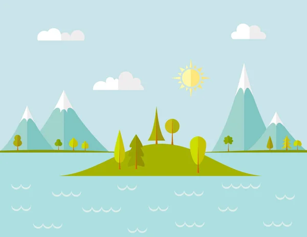 Невеликий Острів Центрі Озера Тлі Гір Векторний Пейзаж Плоскому Стилі — стоковий вектор