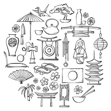 Geleneksel Japon sembolleri çizilmiş ve Hatıra Eşyası. Vektör çizimler oryantal Temalar kümesi. Doodle tasarım öğeleri.